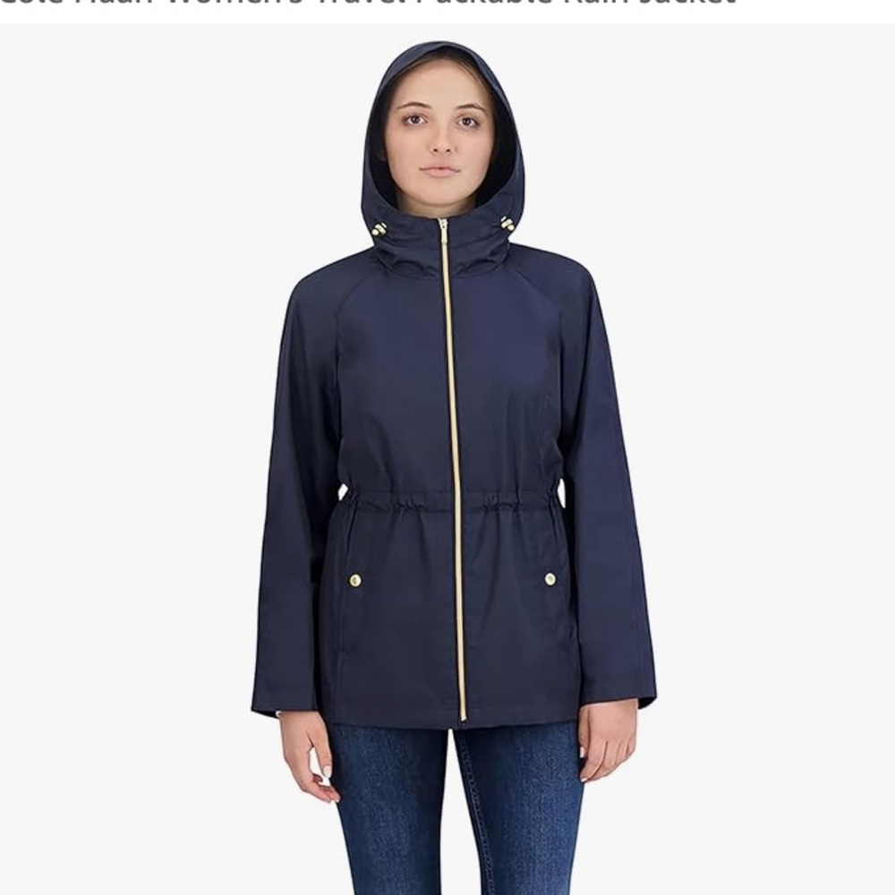 Cole Haan Navy blue hooded rain windbreaker jacket New cinched XL packable